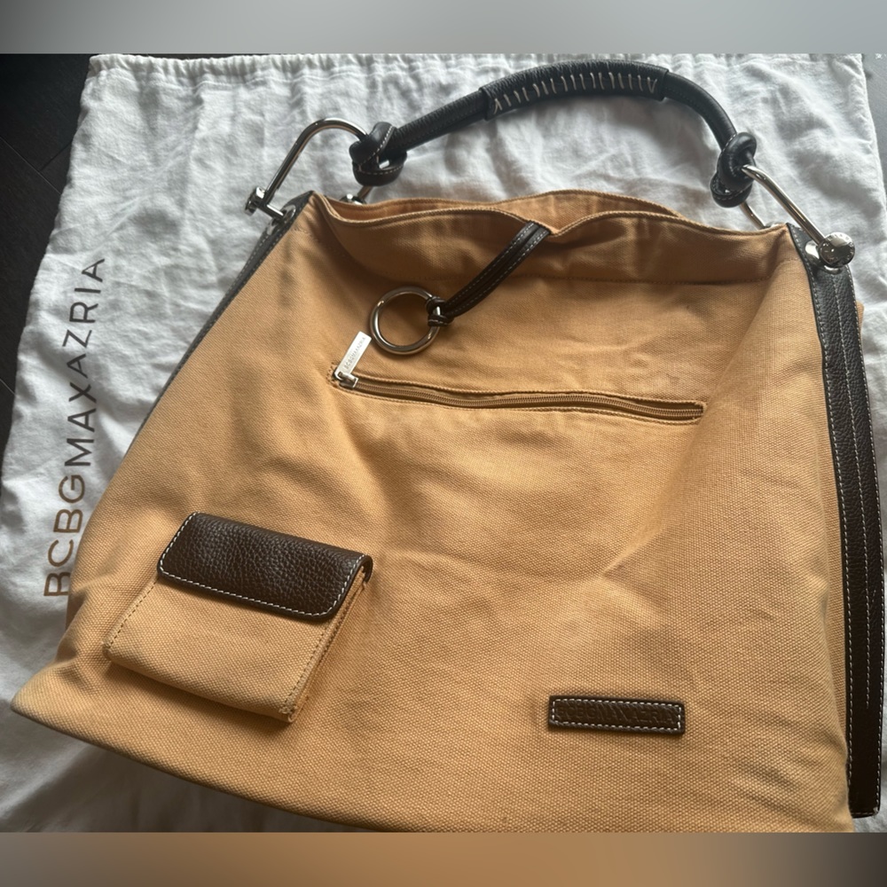 Large BCBGMaxazria leather canvas tote, camel. Hermes The Row vibes